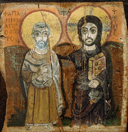 Icon depicting Abbott Mena with Christ, from Baouit