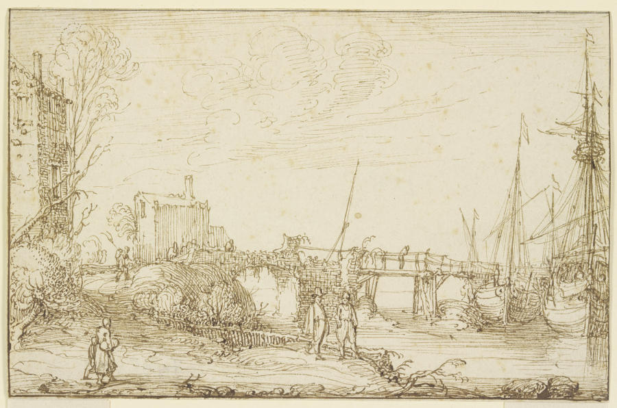 Zwei Schiffe liegen bei einer Brücke, links auf dem Wege mehrere Figuren from Cornelis Claesz. van Wieringen