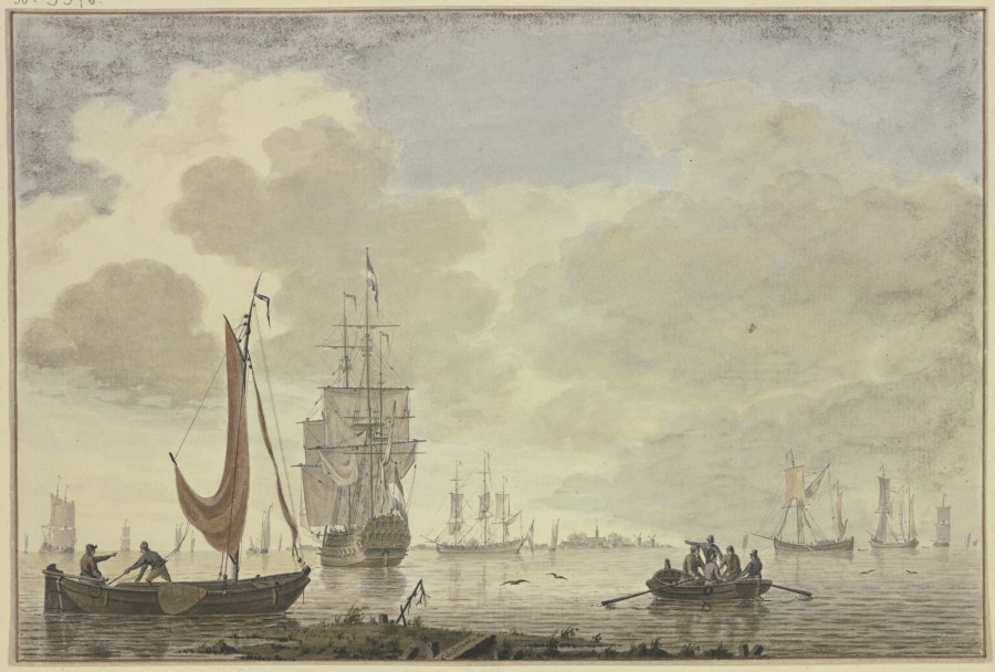 Marine, rechts ein Ruderboot mit fünf Figuren from Cornelis de Grient
