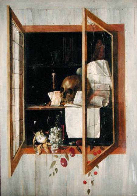 Vanitas still life seen through a trompe l'oeil window from Cornelis Norbertus Gysbrechts