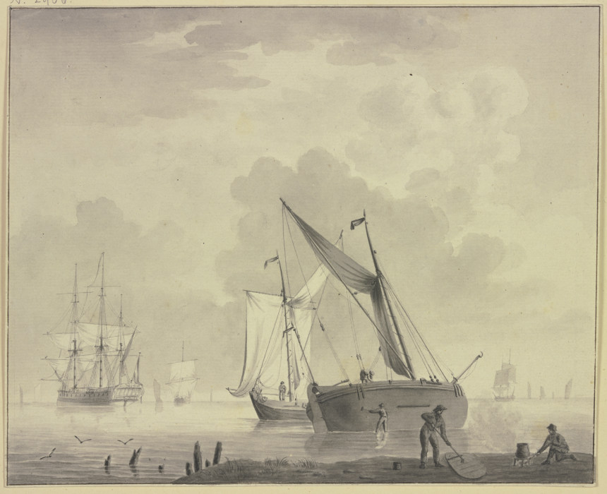 Ruhige See mit Schiffen, vorne rechts sind Matrosen mit dem Teeren eines Schiffes beschäftigt from Cornelis Thim
