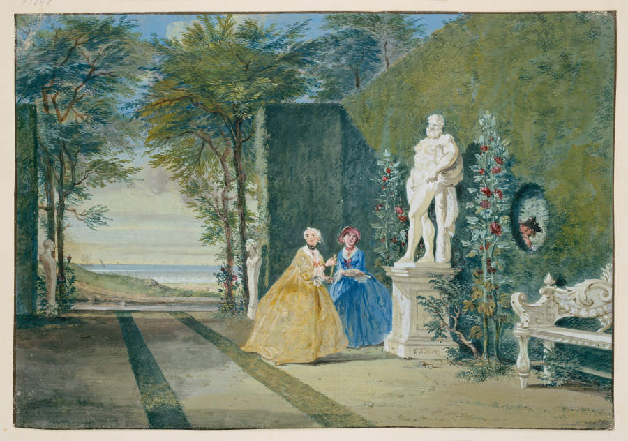 Parkansicht mit zwei jungen Damen neben einer Herkulesstatue from Cornelis Troost