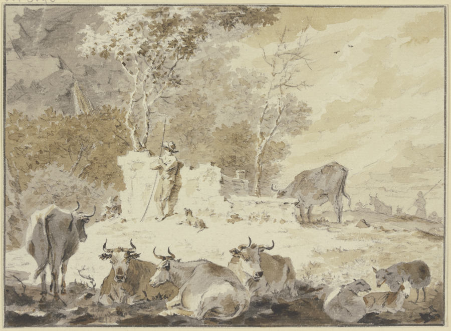 An altem Gemäuer steht links ein Hirte mit seinem Hund, umgeben von verschiedenem Vieh from Cornelis van Noorde