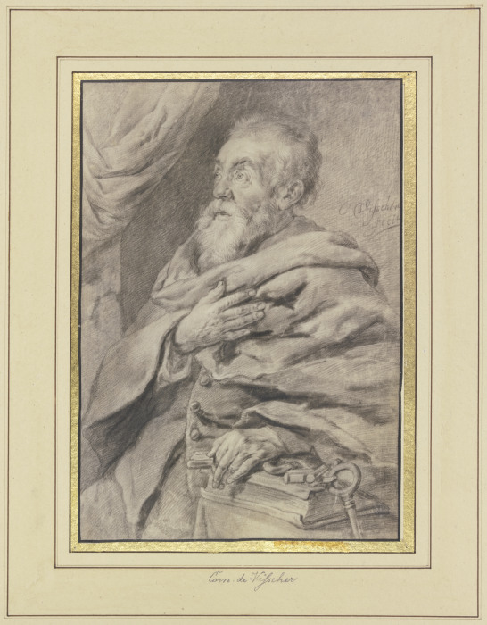 Der Heilige Petrus, die linke Hand auf einem Buche und den Schlüssel haltend, die rechte auf der Bru from Cornelis Visscher