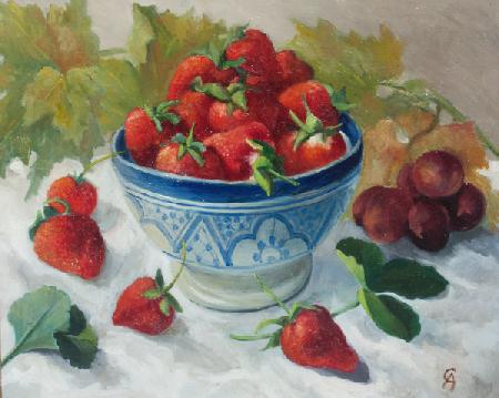 Strawberries in a Blue Bowl