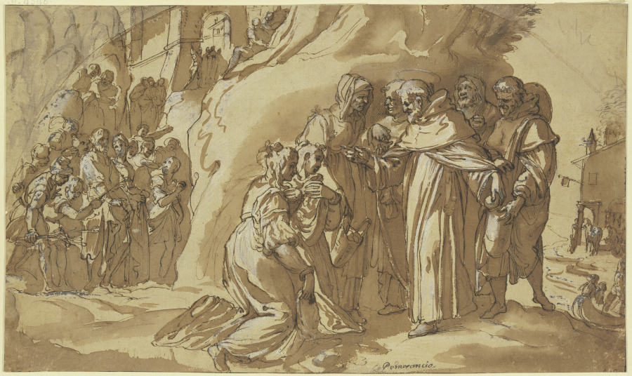 Eine Stadt, auf Felsen liegend, eine Menschenmenge kommt zu einem Mönch, der Brot an zwei Frauen aus from Cristoforo Roncalli