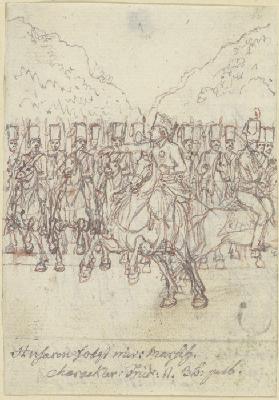 Friedrich der Große zu Pferde vor einer Gruppe von Husaren