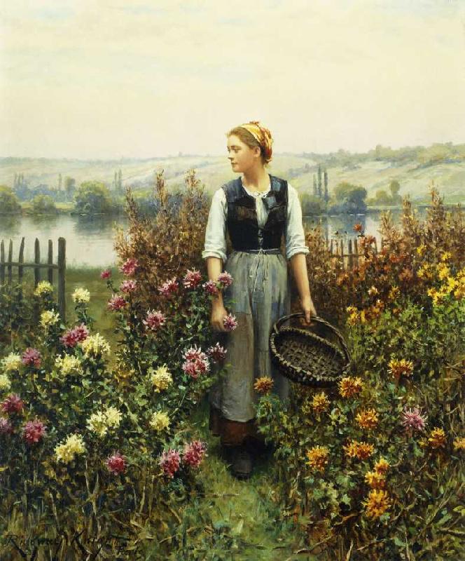 Junge Frau mit Korb in einem Garten. from Daniel Ridgway Knight