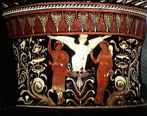 Apulian red-figure volute crater, detail of the neck depicting Oedipus and the Sphinx (pottery) (see from Darius Painter