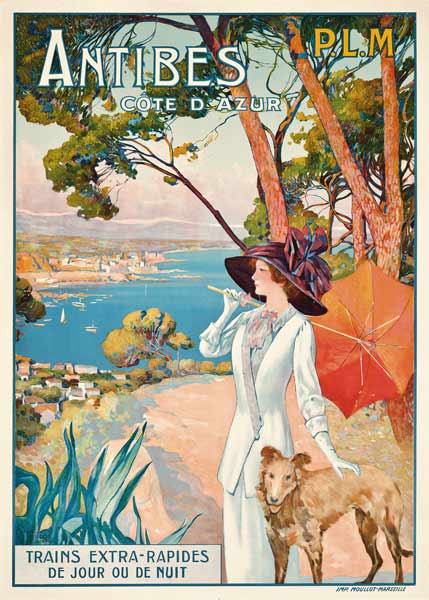 Poster advertising travel to the Antibes, Cote d'Azur, with the French railway company P.L.M from David Dellepiane