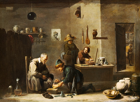 In the practice of a village barber. from David Teniers