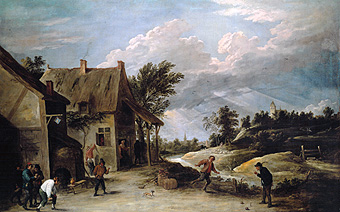 Ninepin game in front of the bars from David Teniers