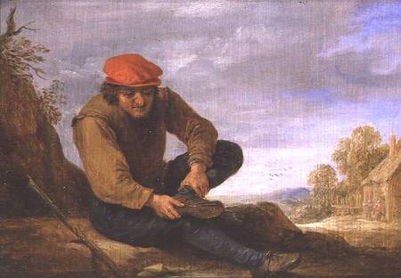 Seated man removing his shoe (panel) from David Teniers