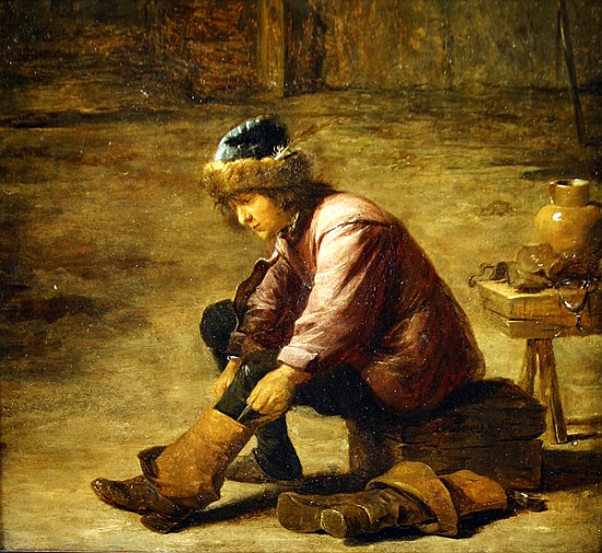 A young man pulling on a boot from David the Younger Teniers