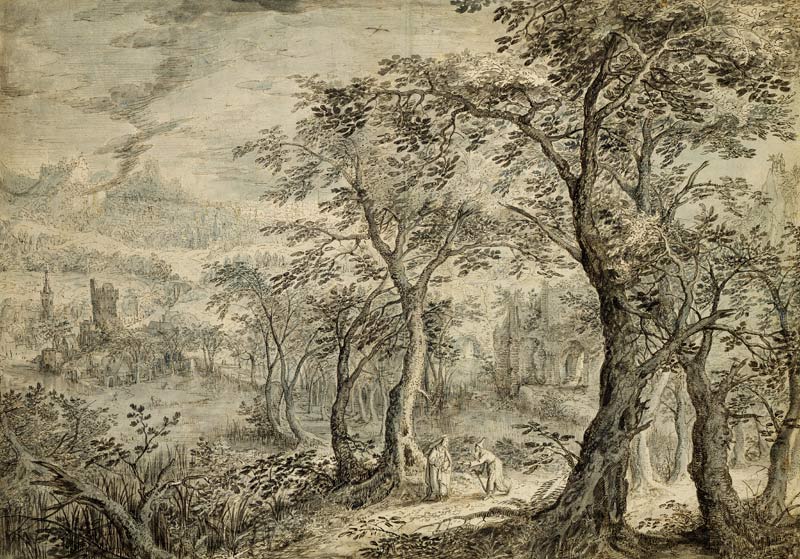 Wooded Landscape with the Temptation of Christ (pen and grey ink, brush and w/c on from David Vinckboons