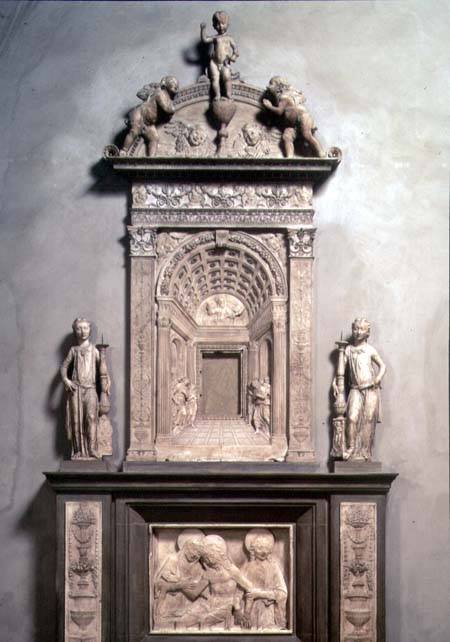 Tabernacle with an architectural trompe l'oeil panel, angel candelabra and a Pieta from Desiderio  da Settignano