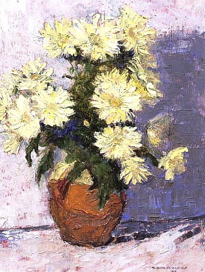 Small Chrysanthemums in a red jug, 1993 (board)  from Diana  Schofield