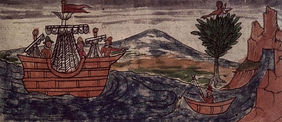 Fol.197v An Indian spy observes the arrival of a Spanish ship on the Mexican coast from Diego Duran