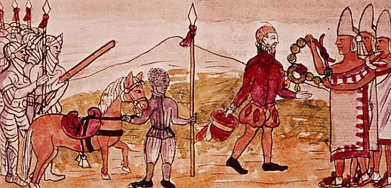 Fol.208v Meeting of Hernando Cortes (1485-1547) and Montezuma (1466-1520), miniature from the ''Hist from Diego Duran