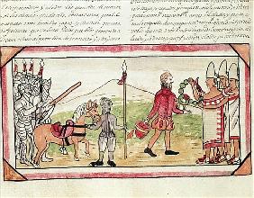 Fol.208v Meeting of Hernando Cortes (1485-1547) and Montezuma (1466-1520), miniature from the ''Hist