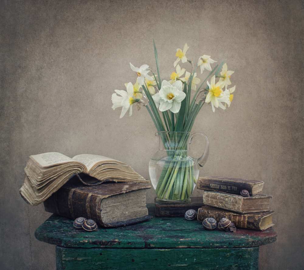 Still life with daffodils, old books and snails from Dimitar Lazarov