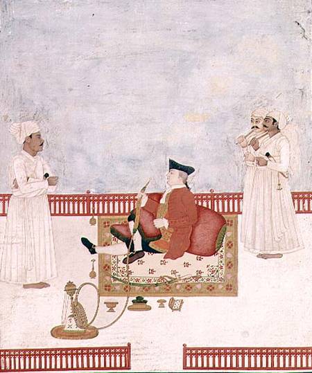 A European Seated on a Terrace with Attendants from Dip Chand