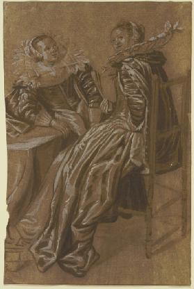 Zwei reichgekleidete holländische Frauen an einem Tisch sitzend, die vordere hat ihr Gesicht gegen d