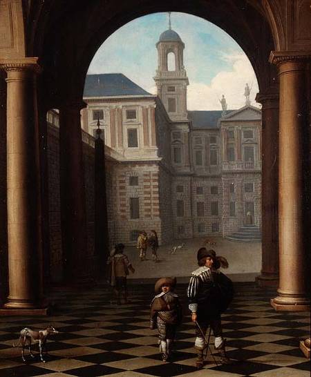 Elegant figures in a loggia at the entrance of a palace from Dirck van Delen