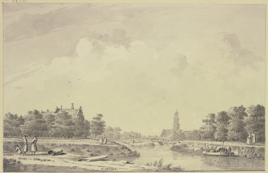 Kanalansicht, im Hintergrunde eine Stadt mit Turm und Brücke, links bei einer Tonne zwei stehende He from Dirk Verrijk