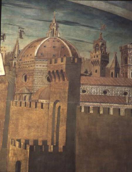 Detail depicting Florence Cathedral, from a fresco of Dante with the 'Divinia Commedia' in the north from Domenico  di Michelino