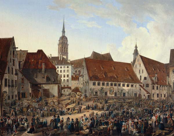 Viktualienmarkt at the Heiliggeistspital in Munich from Domenico Quaglio