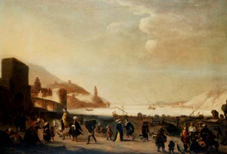 A port with street vendors and peasants in the foreground (panel) from Dutch School