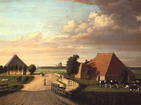 A study of Leevwarden in Holland with a herd of Friesian cattle in the foreground from Dutch School