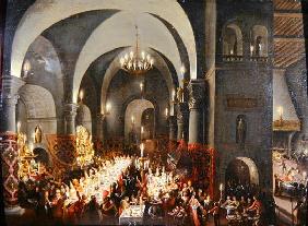 Belshazzar's Feast showing the hand of God writing the words 'Mane, Tekel, Phares' (oil on canvas)