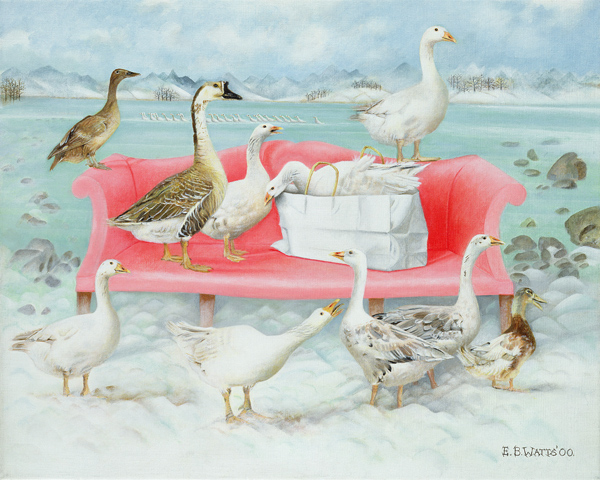 Geese on Pink Sofa, 2000 (acrylic on canvas)  from E.B.  Watts