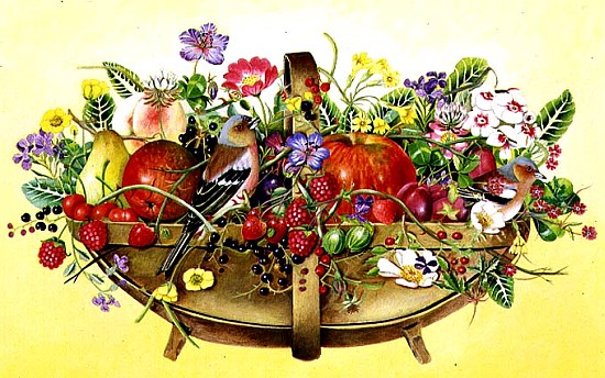 Trug with Fruit, Flowers and Chaffinches, 1991 (acrylic)  from E.B.  Watts