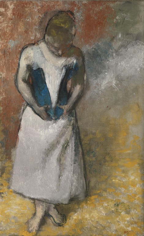 Woman standing from the front, clasping her corset from Edgar Degas