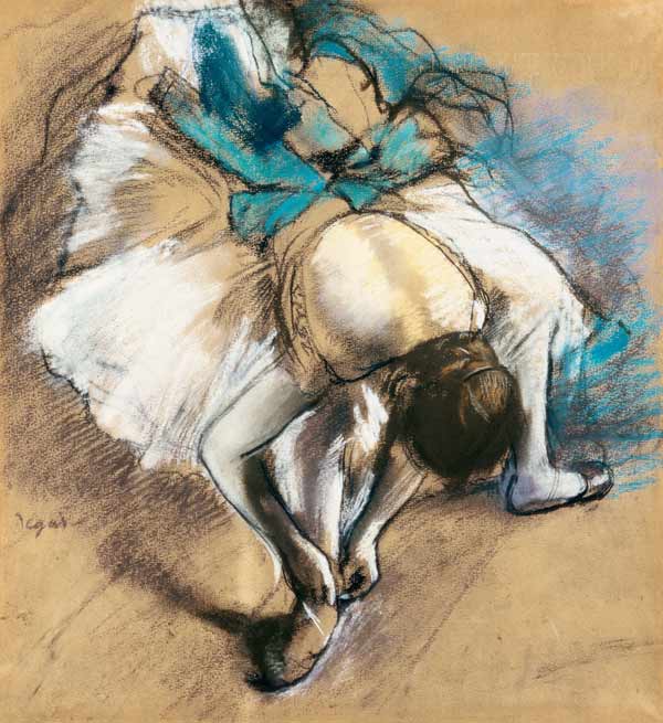 Dancer when lacing the ballet shoes up from Edgar Degas
