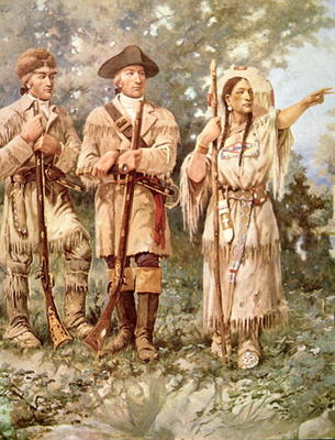 Lewis and Clark with Sacagawea (colour litho) (detail) from Edgar Samuel Paxson