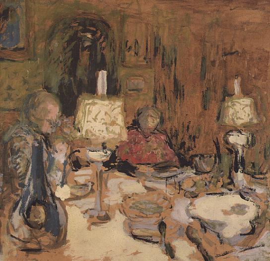 The Dinner with Two Lamps, rue de Calais, 1913 (distemper on brown paper)  from Edouard Vuillard
