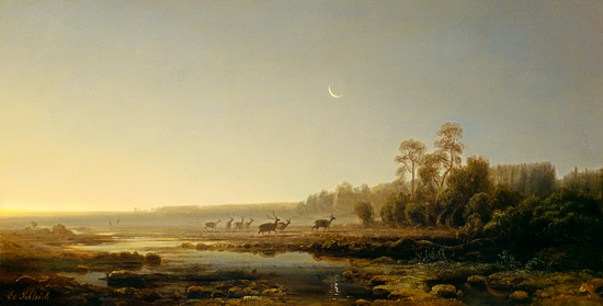 Bog landscape at dusk with a pack red deers from Eduard Schleich the Elder
