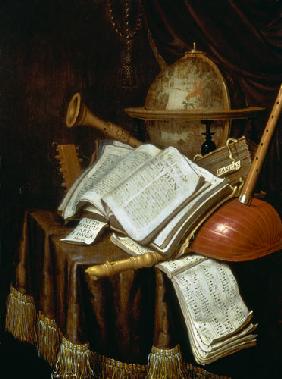 Vanitas with a globe, musical scores and instruments