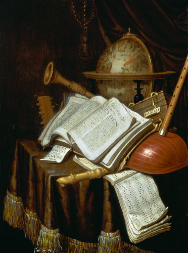 Vanitas with a globe, musical scores and instruments from Edwaert Colyer or Collier
