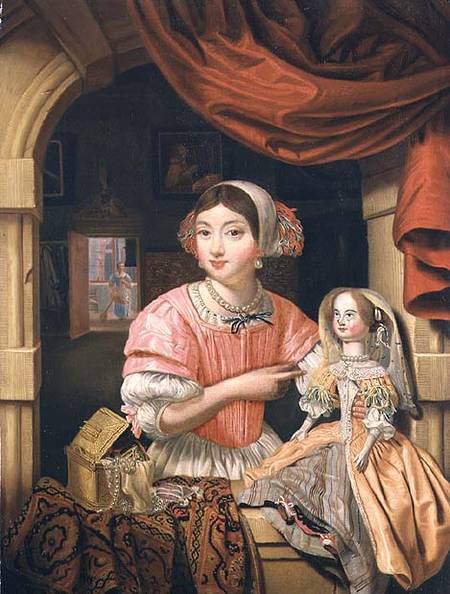 Young woman holding a doll in an interior with a maid sweeping behind from Edwaert Colyer or Collier