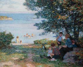 Mothers with children on the shady shore