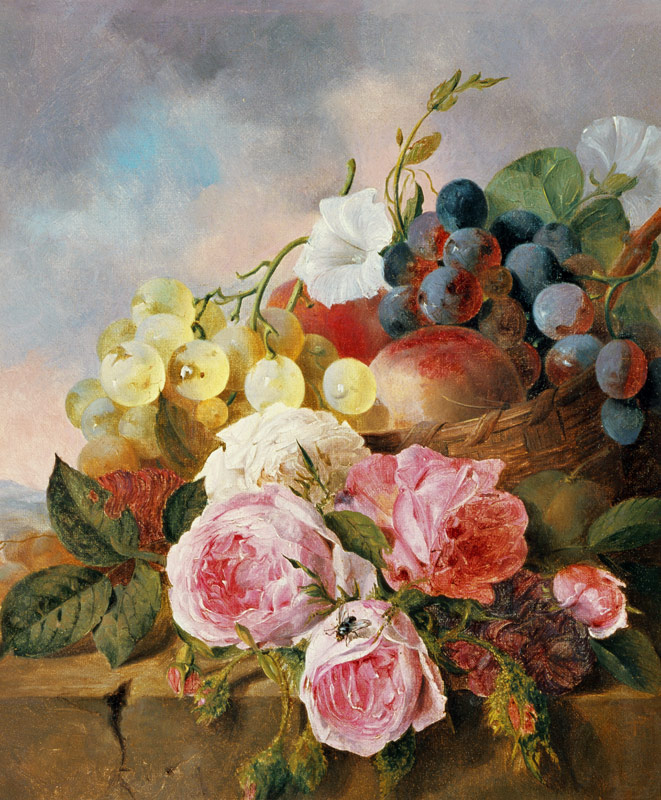 Still life of fruit and roses on a ledge from Edward Ladell