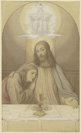 Christus mit dem Lieblingsjünger Johannes, Halbfiguren am Tisch des letzten Abendmahles, über ihnen 