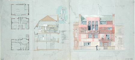 Front Elevation and Section for House and Studio for Frank Miles (1852-91), Tite Street, Chelsea from Edward William Godwin