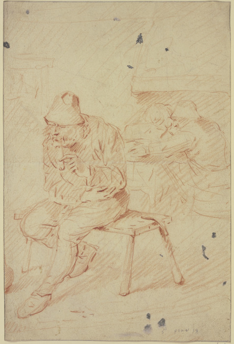Ein rauchender Bauer sitzt auf einer Bank, im Hintergrund umarmt ein Mann eine Frau from Egbert Jaspersz. van Heemskerck