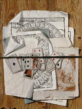 Trompe l ' oeil with different prints and playing cards